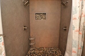 Hair dryer, towels, soap, shampoo