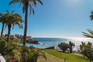 Un complexe hôtelier doté d’une piscine, de palmiers et offrant une vue sur l’océan.