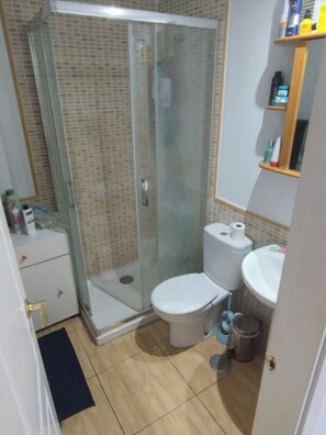 Hair dryer, towels, soap, shampoo
