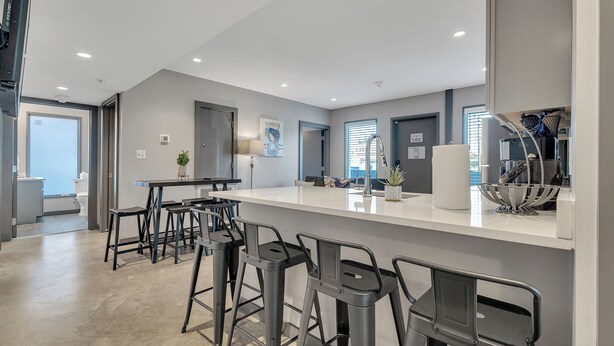 A modern kitchen with a bar area, grey walls, and a large window. - New Orleans Bywater Apartments (New Orleans)