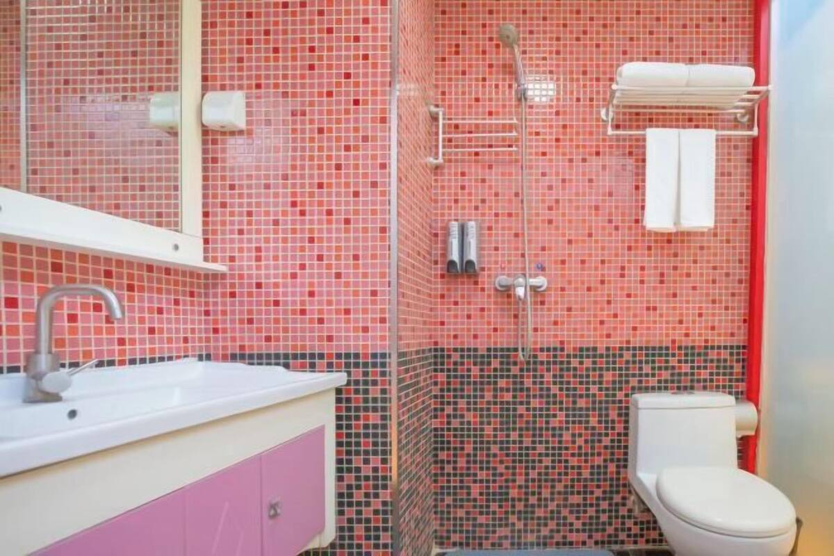 A bathroom with a pink sink, a toilet, and a shower area with a red and black mosaic tile wall.