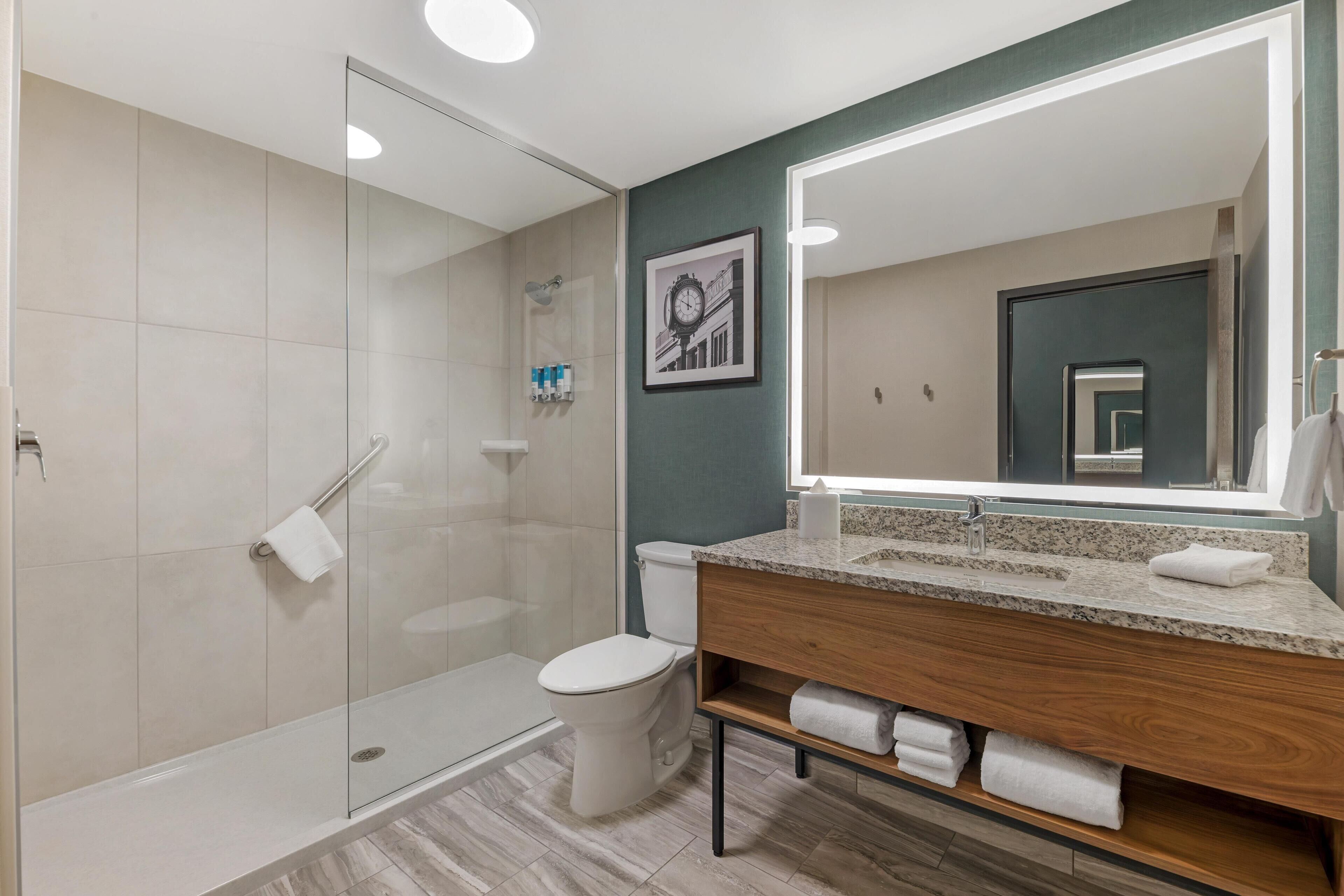 Hair dryer, towels, soap, shampoo