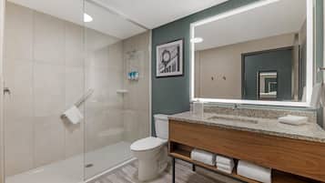 Hair dryer, towels, soap, shampoo
