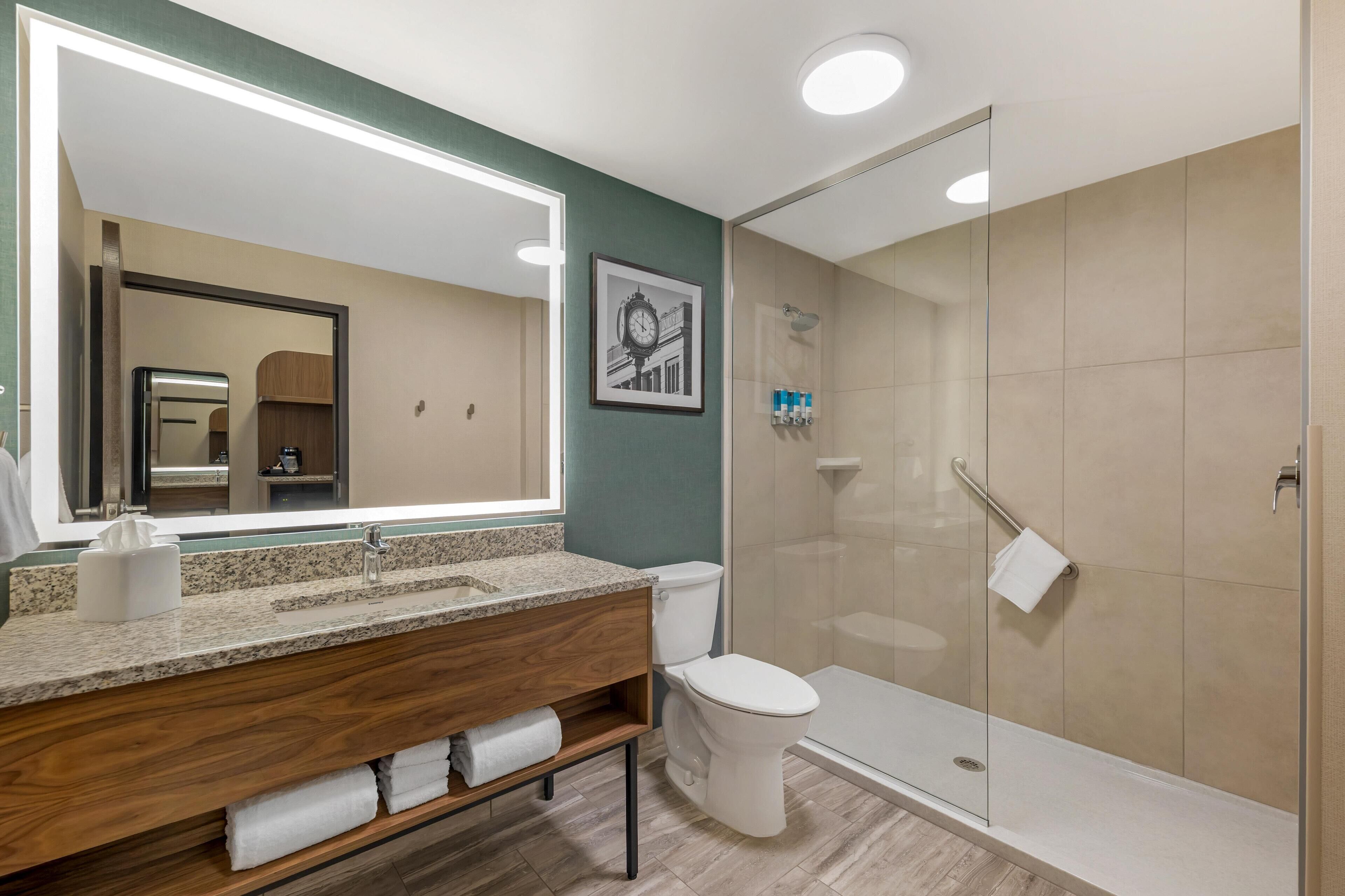 A modern bathroom with a wooden vanity, a large mirror, a toilet, and a glass-enclosed shower area.
