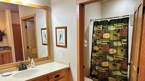A bathroom with wooden cabinets, a sink, and a toilet. There is a shower curtain with a forest and wildlife theme. - Studio 112 By Eagle Waters Resort (eagle river)