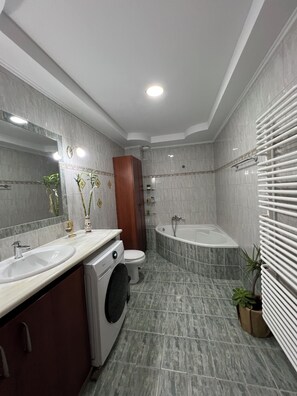 Hair dryer, towels, soap, shampoo