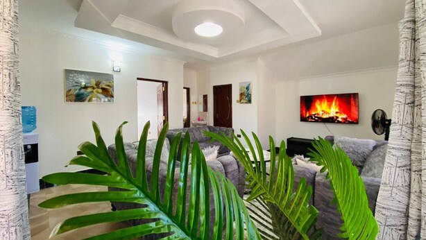 A living room with a grey sofa, a flat-screen TV mounted on the wall, and a fireplace with a visible fire. - Nati Apartments Kisumu (Kisumu)