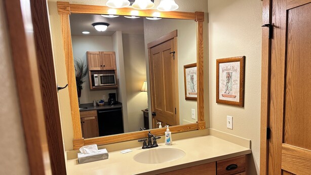 Une salle de bain avec un meuble-lavabo en bois, un grand miroir et un évier.