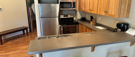 Fridge, microwave, oven, dishwasher