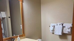 Une salle de bain avec un meuble-lavabo en bois, un lavabo blanc, un miroir et des toilettes.