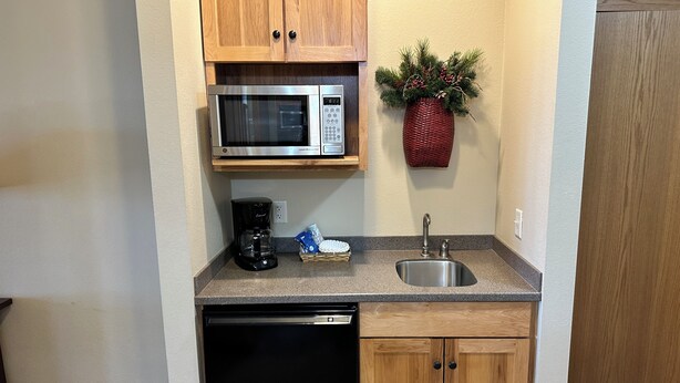Cocina compacta con microondas, cafetera, lavamanos y armarios de madera.