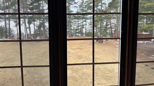 A view through a window with a grid pattern, displaying a yard with trees and a building in the background. - Studio 312 by Eagle Waters Resort (eagle river)