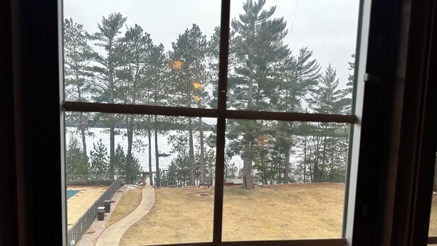A view through a window with a grid pattern, featuring a grassy area with trees and a pathway leading to a body of water.