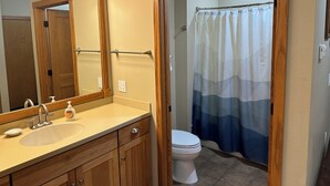 A bathroom with a wooden vanity, a mirror, a sink, and a toilet. - Studio 316 By Eagle Waters Resort (eagle river)
