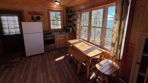 A wooden cabin kitchen with a refrigerator, stove, and large windows. - Cabin 5 by Eagle Waters Resort (eagle river)