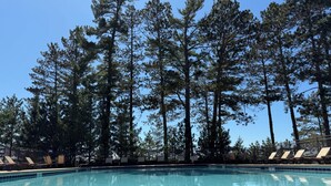A swimming pool surrounded by tall pine trees, with lounge chairs along the poolside. - Cabin 5 by Eagle Waters Resort (eagle river)
