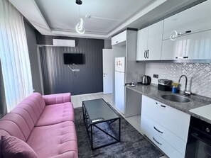 Appart'hôtel Standard | Coin cuisine privé | Réfrigérateur, four, plaque de cuisson, cafetière/bouilloire