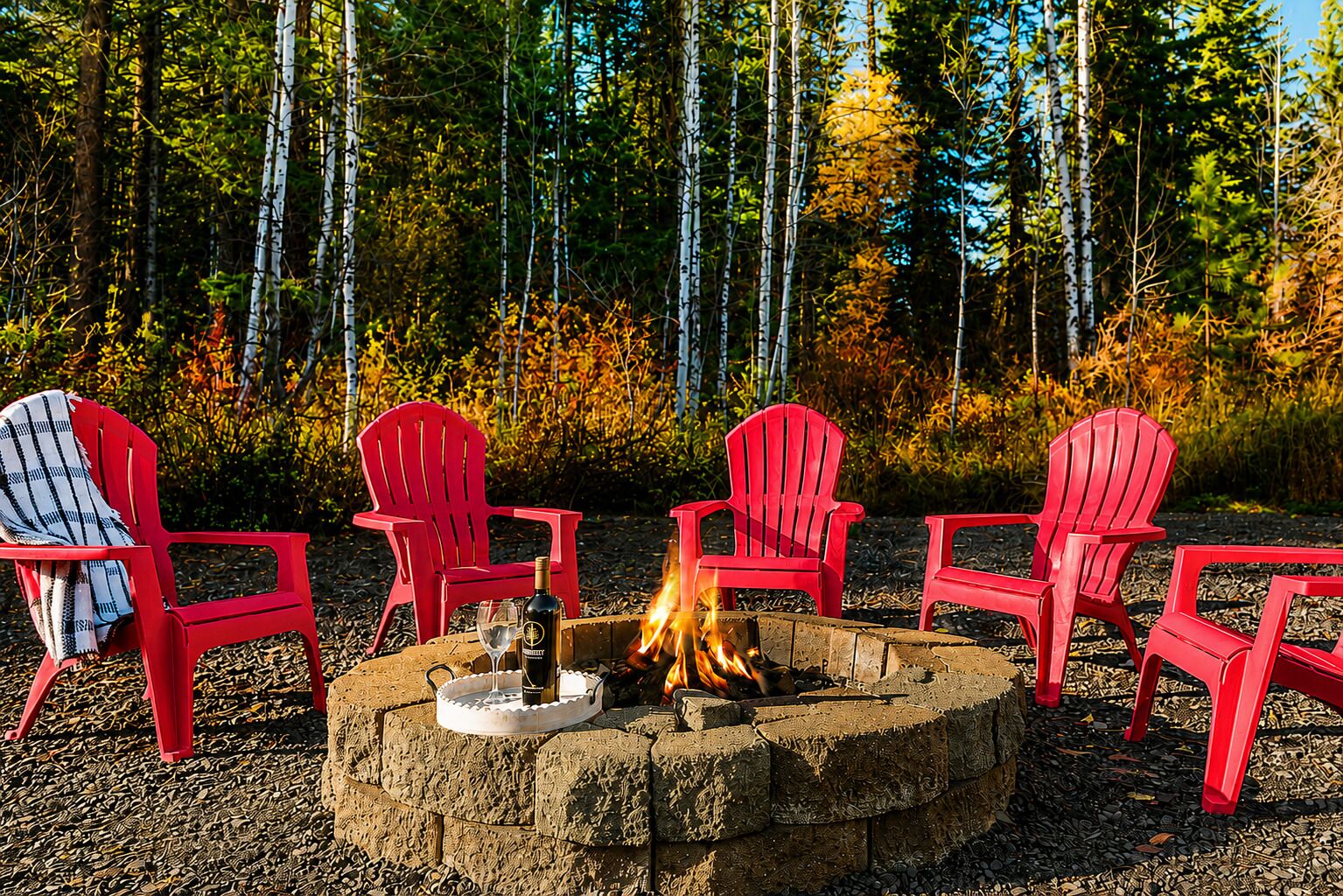 Un foyer entouré de quatre chaises Adirondack rouges, installé dans un espace boisé.
