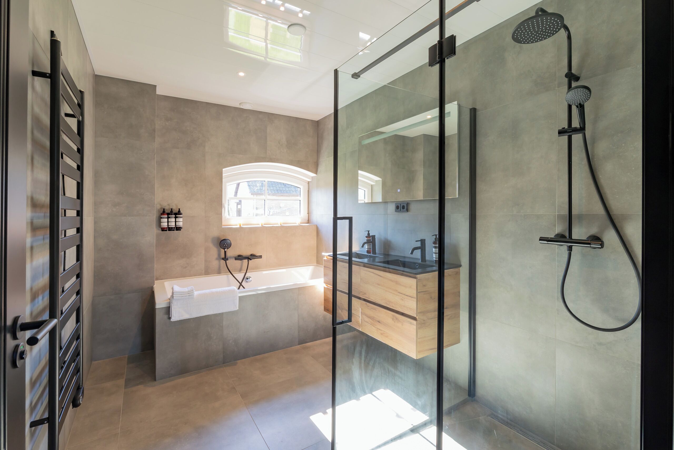 Shower, towels, soap, shampoo