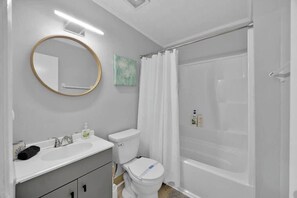 Shower, hair dryer, shampoo