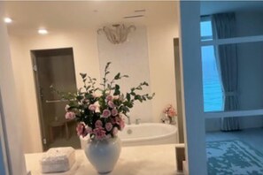 Hair dryer, towels, soap, toilet paper