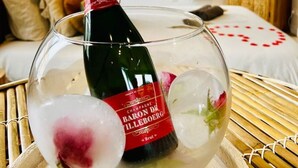 A bottle of champagne in a glass bowl with ice cubes, a feather, and a bed in the background. - Suite Savane with Jacuzzi 15min Disney (Nanteuil-lès-Meaux)