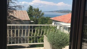 Un balcon doté d’une balustrade en métal, d’un pot de fleurs et offrant une vue sur une zone côtière avec des bâtiments et une étendue d’eau.