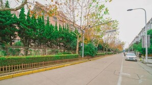 A tree-lined street with a sidewalk, a parked car, and buildings in the background. - A&A Chain Hotel (Chuansha East Huaxia Road Subway Station) (Shanghai)