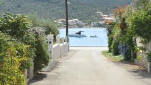 A coastal road leading to a body of water with boats, surrounded by greenery and houses.