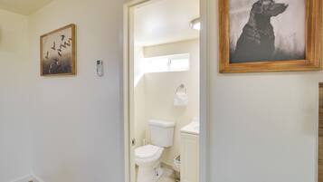 A bathroom with a toilet, sink, and cabinet, and two framed pictures on the wall.