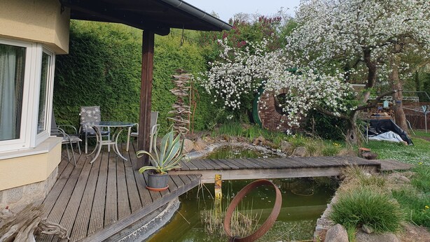 Un terrazza in legno con mobili da esterno, un piccolo stagno e un albero in fiore.