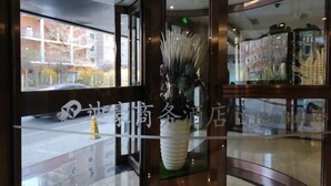 Entrada de hotel con diseño moderno, destacando una puerta de cristal y un jarrón decorativo con plantas altas y estilizadas.