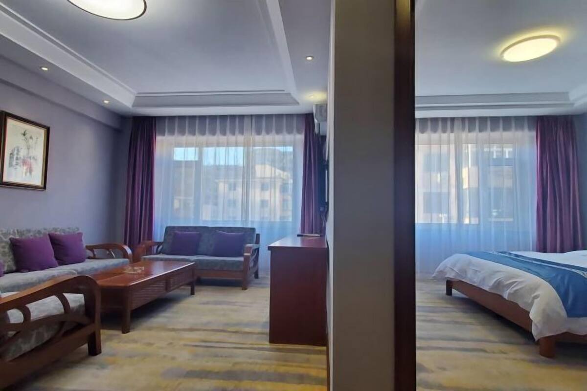 A hotel room with a sofa, a bed, a desk, and a chair.