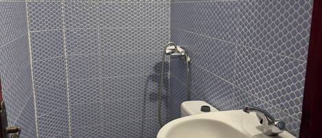 Un baño con inodoro, lavamanos y ducha.