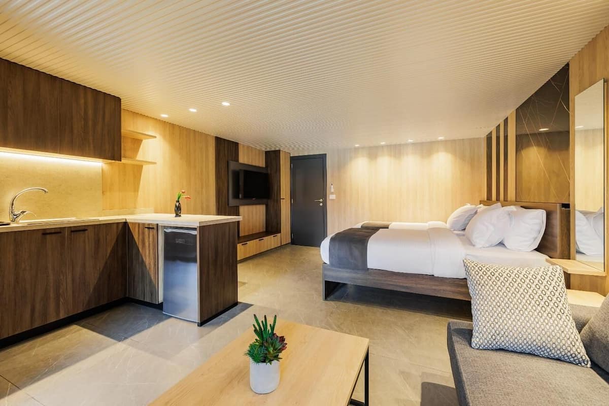 A modern hotel room with a kitchenette, a bed, a sofa, and a small table with a plant.