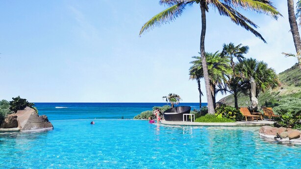 A clear blue pool surrounded by palm trees, with a view of the ocean and a rocky shoreline.