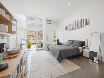 Studio with Queen bed, TV, kitchenette, workspace, washer/dryer combo