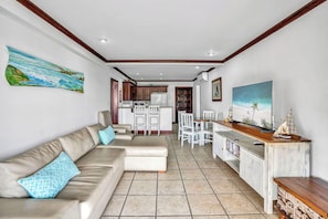 Condo, Balcony, Ocean View | Living room | TV - Newly Remodeled Flamingo Condo with Sweeping Ocean Views, Spacious Terrace & Walkable Location (Cabo Velas)