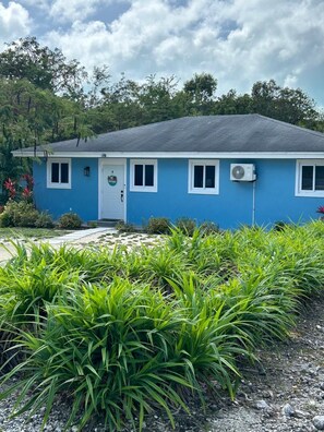 A single-story house with a blue exterior and white trim, a front door, and an air conditioning unit mounted on the side.