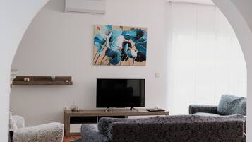 TV connectée, cheminée, livres, médiathÚque