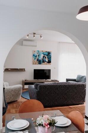 Smart TV, fireplace, books, music library