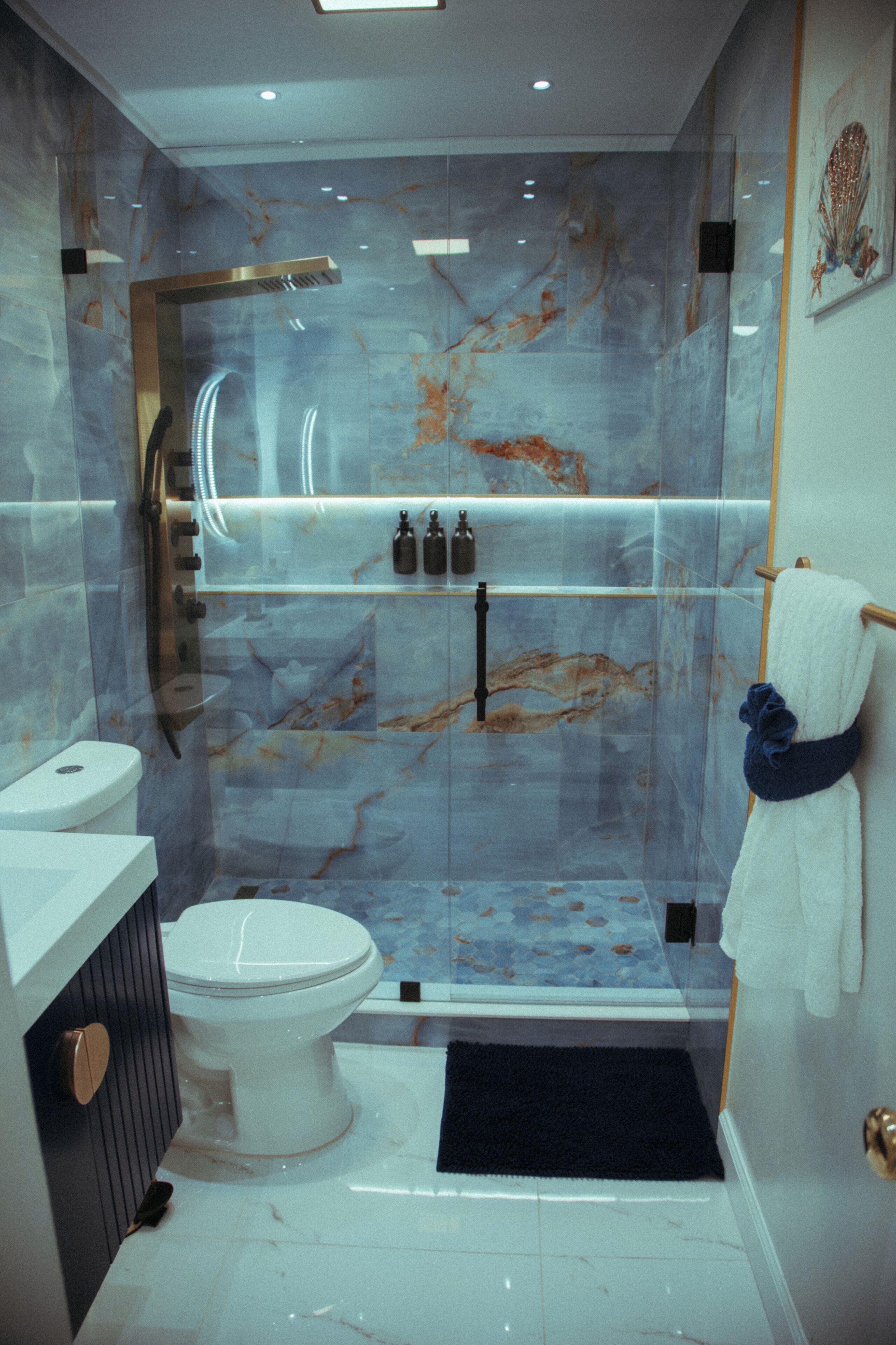Shower, jetted bath, hair dryer, towels