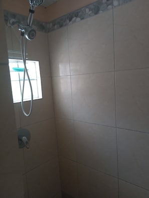 Shower, towels, soap, toilet paper