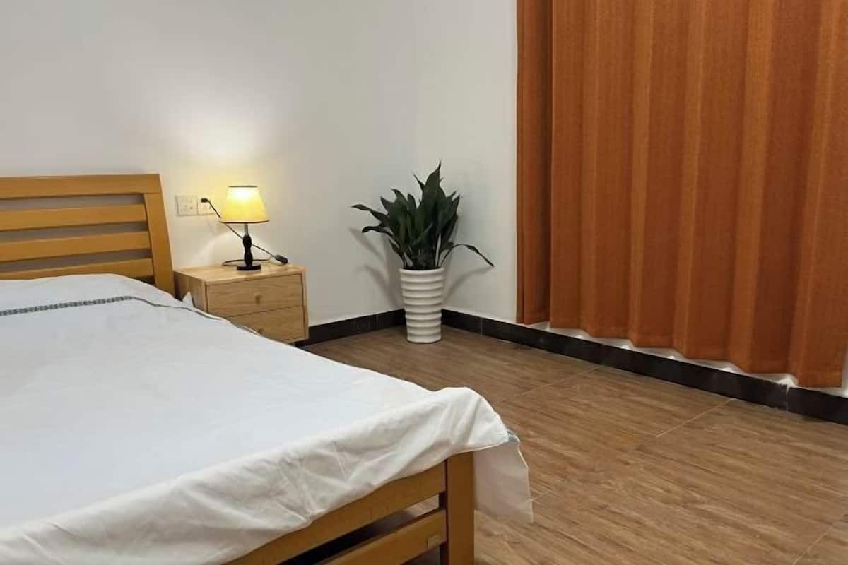 A neatly made bed with a white sheet, a bedside lamp, a potted plant, and a wooden nightstand.