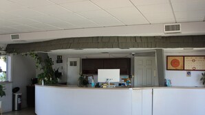 A reception area with a counter, a door, a calendar, and a plant. - Torch Lite Lodge (Yuma)