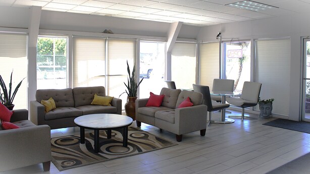 A spacious living area with sofas, a coffee table, and potted plants. - Torch Lite Lodge (Yuma)