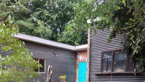 A blue table with a cup of coffee in the foreground, a small tree, and a building with a blue door in the background. - Hostal Nahuel Ray (Pucon)