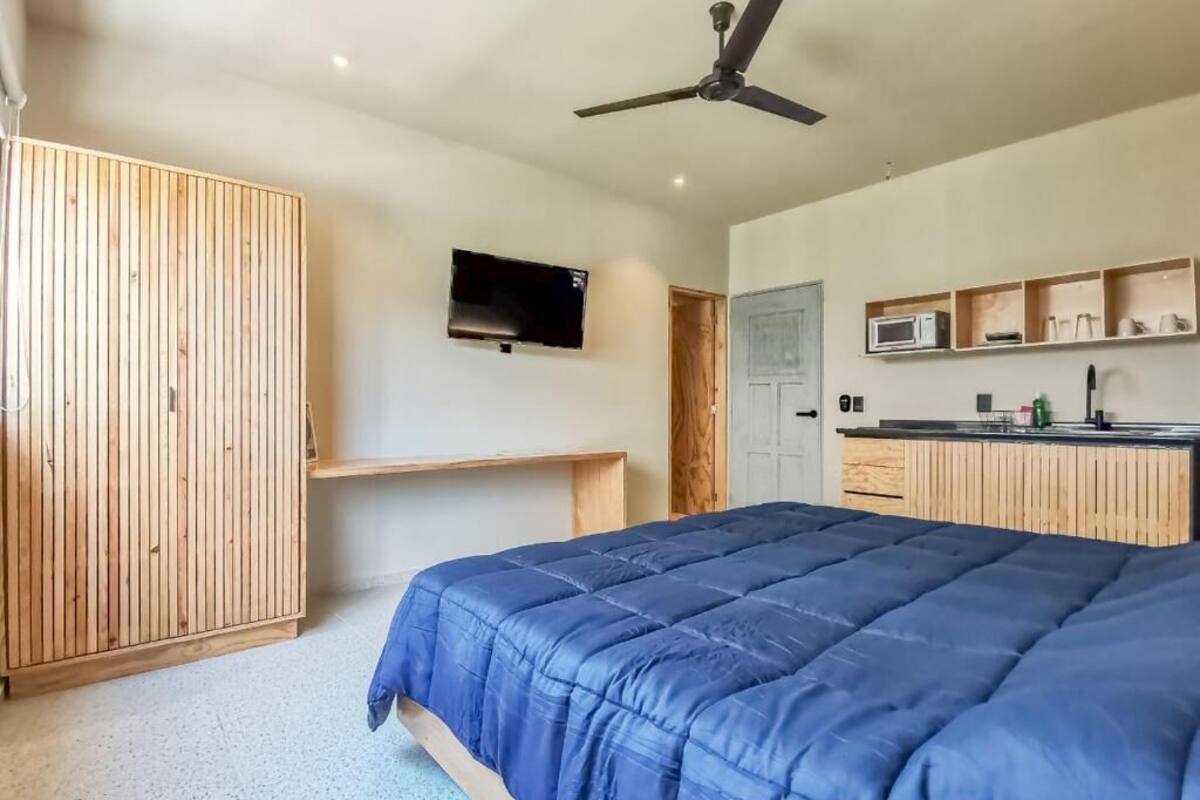 A bedroom with a large bed, a ceiling fan, a TV mounted on the wall, and a kitchenette area with a microwave and sink.