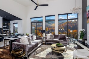 Smart TV, fireplace, table football, books