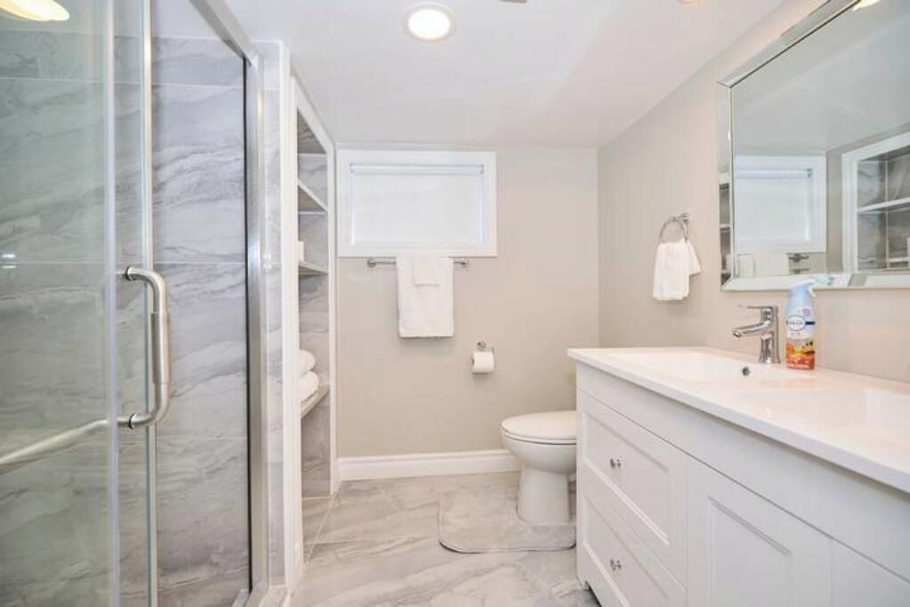 A modern bathroom with a glass shower enclosure, a toilet, and a vanity with a mirror.